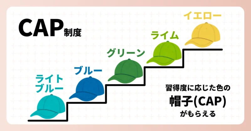 5種類の色の帽子(キャップ)が階段状に並んでいる、DWEのCAP制度の図解