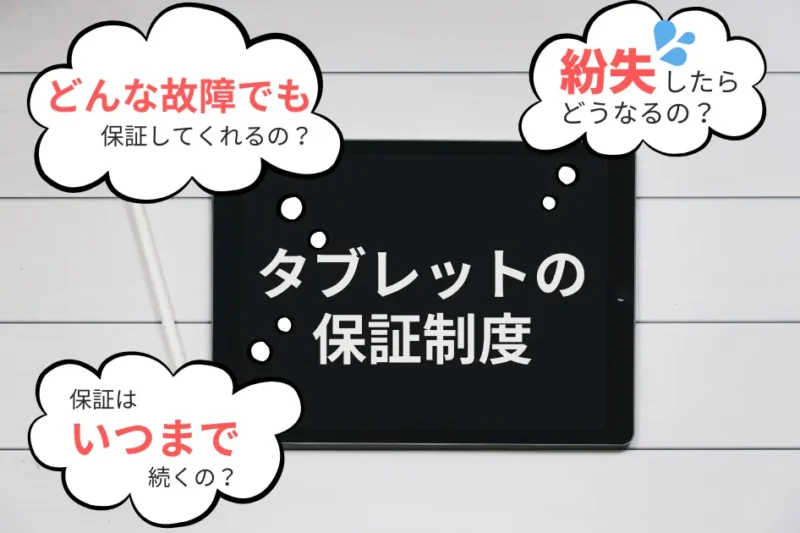 「タブレットの保証制度」と表示されたタブレットの周りに、保証制度についての疑問が浮かんでいる画像