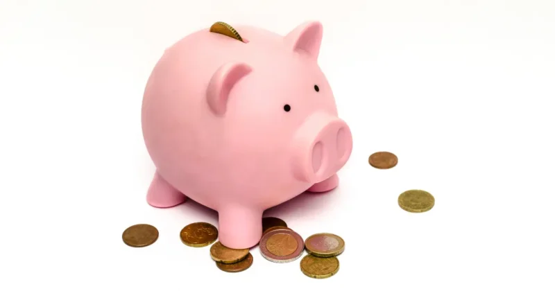 ピンクの豚の貯金箱とコイン