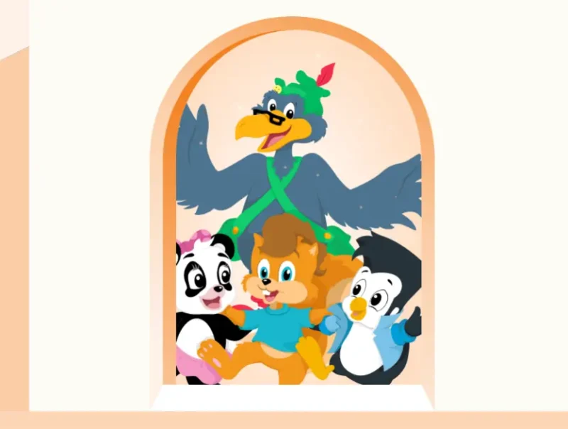 ドアを空ける動物のキャラクターたち