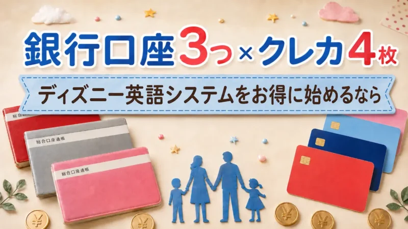 ディズニー英語システムをお得に始めるための銀行口座3つとクレジットカード4枚を紹介する画像