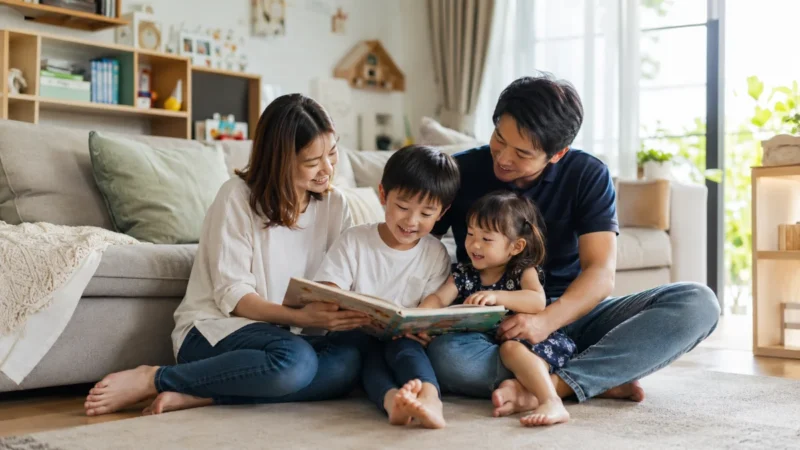 リビングで本を読んでいる親子4人