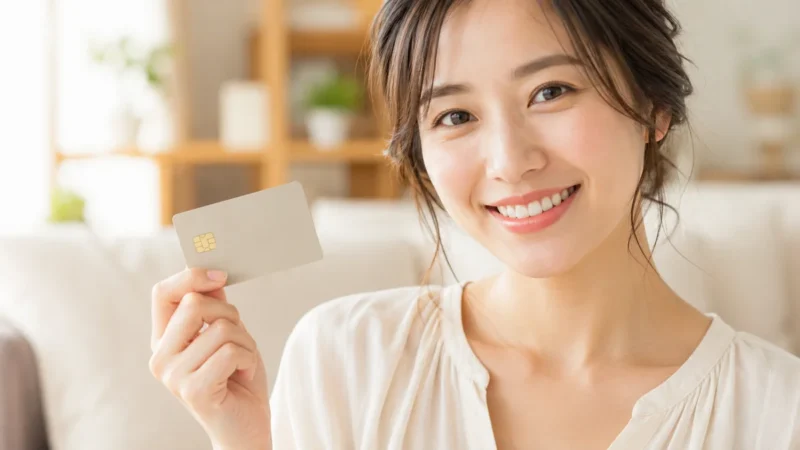 クレジットカードを手に持ち笑顔を見せる女性