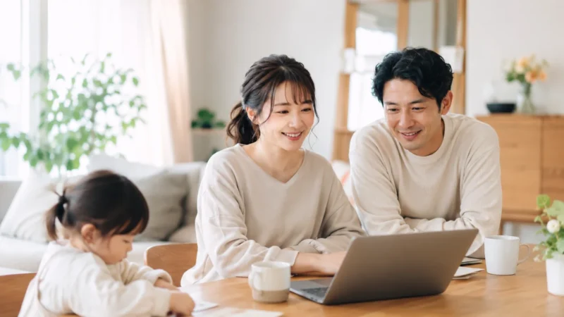 ダイニングテーブルに座りパソコンを見ながら笑顔を浮かべる夫婦と横で熱心に遊ぶ女の子